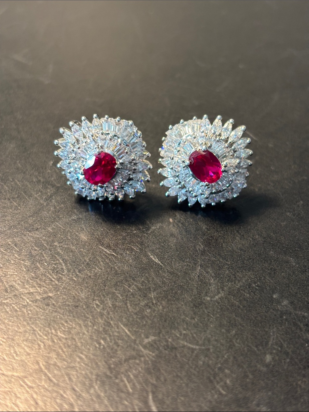 Synthetic ruby & crystal sterling silver earrings
